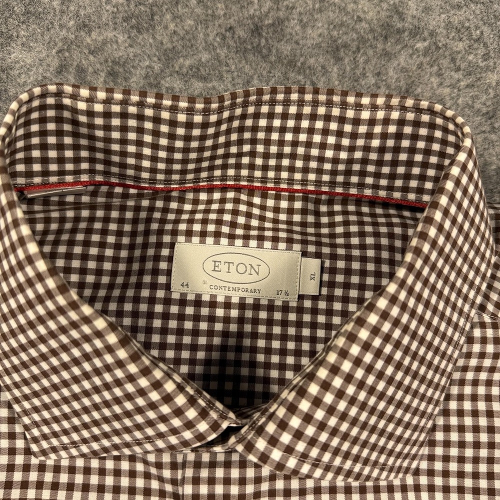 Eton Dress Shirt Mens Extra Large Brown Gingham Check Long Sleeve Spread Collar - Picture 3 of 12